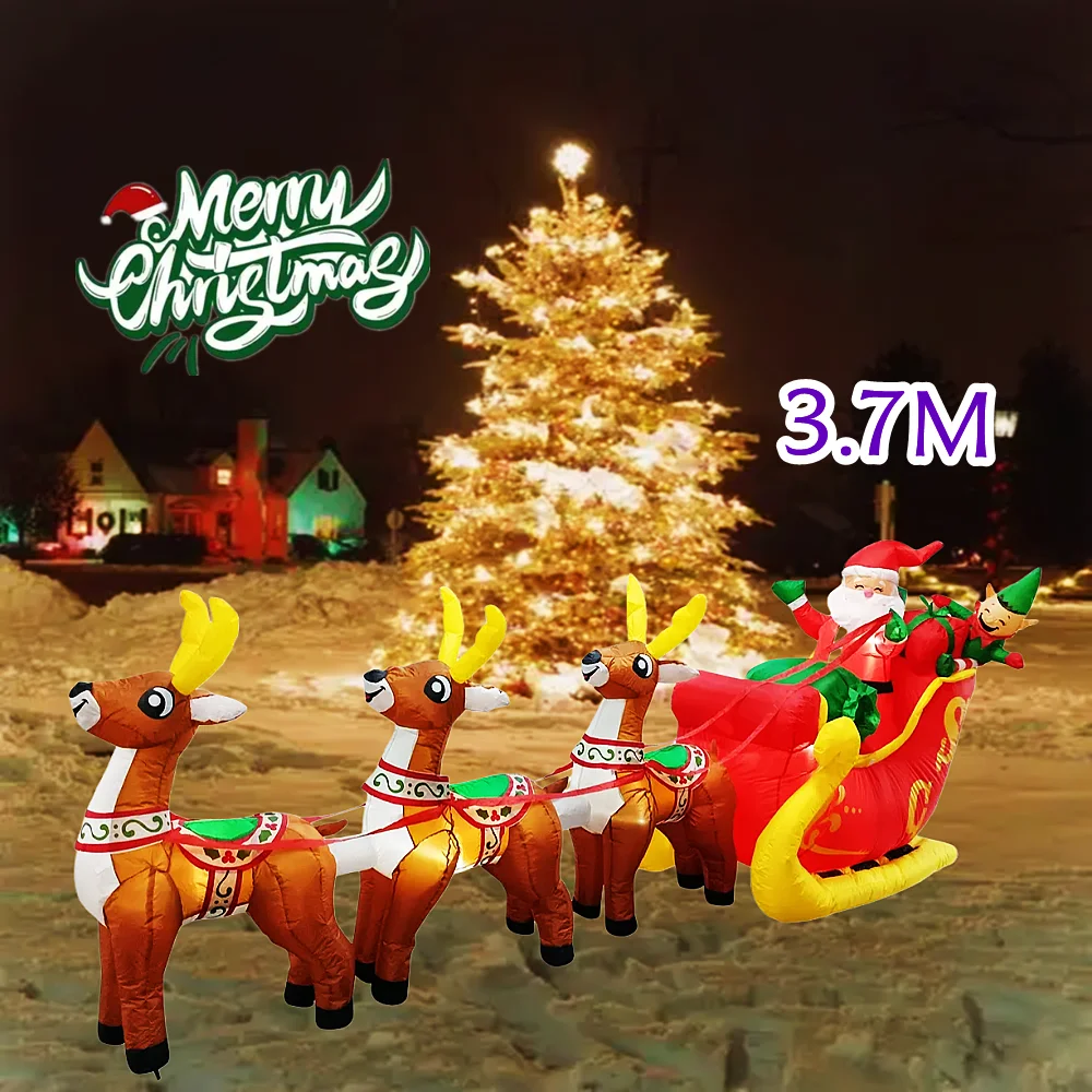 Christmas Inflatable Santa Claus Rides On A Sled Pulled By Three Reindeer, Carrying A Gift Box And Built LED,For Courtyard, Lawn