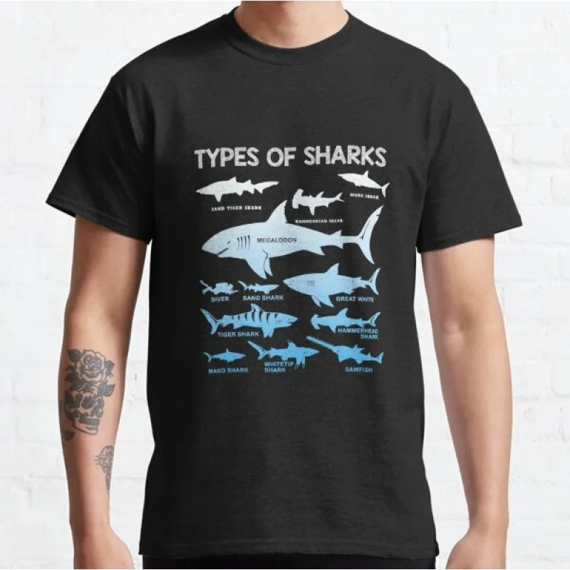 

0530 Types Of Sharks Scuba Diving Lover Gift t shirt Vintage Graphic Tee 100% cotton printed clothes All size Tops S-6XL
