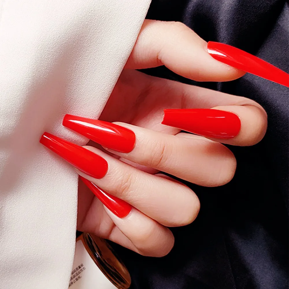 

Shiny Red Long Ballerina Coffin False Nails With Glue Stickers DIY Artificial Lady Finger Press On Fake Nails Manicure Accessory