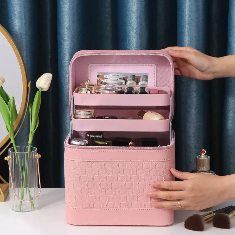 New Fashion Women Cosmetic Bags Case High Quality Female Makeup Box with Mirror Professional Korean Ladies Large Toiletry Bag