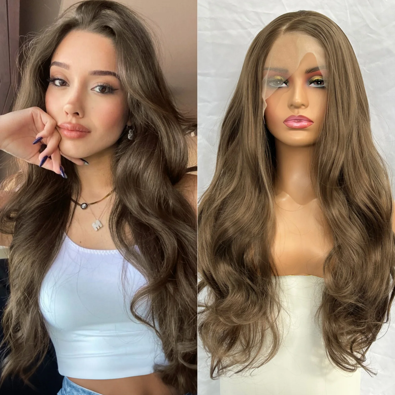Long Brown Wavy Wigs for Women Synthetic Hair Side Part Light Brown Curly Natural Wave Brunette 13X4 Lace Front Wig Daily Party