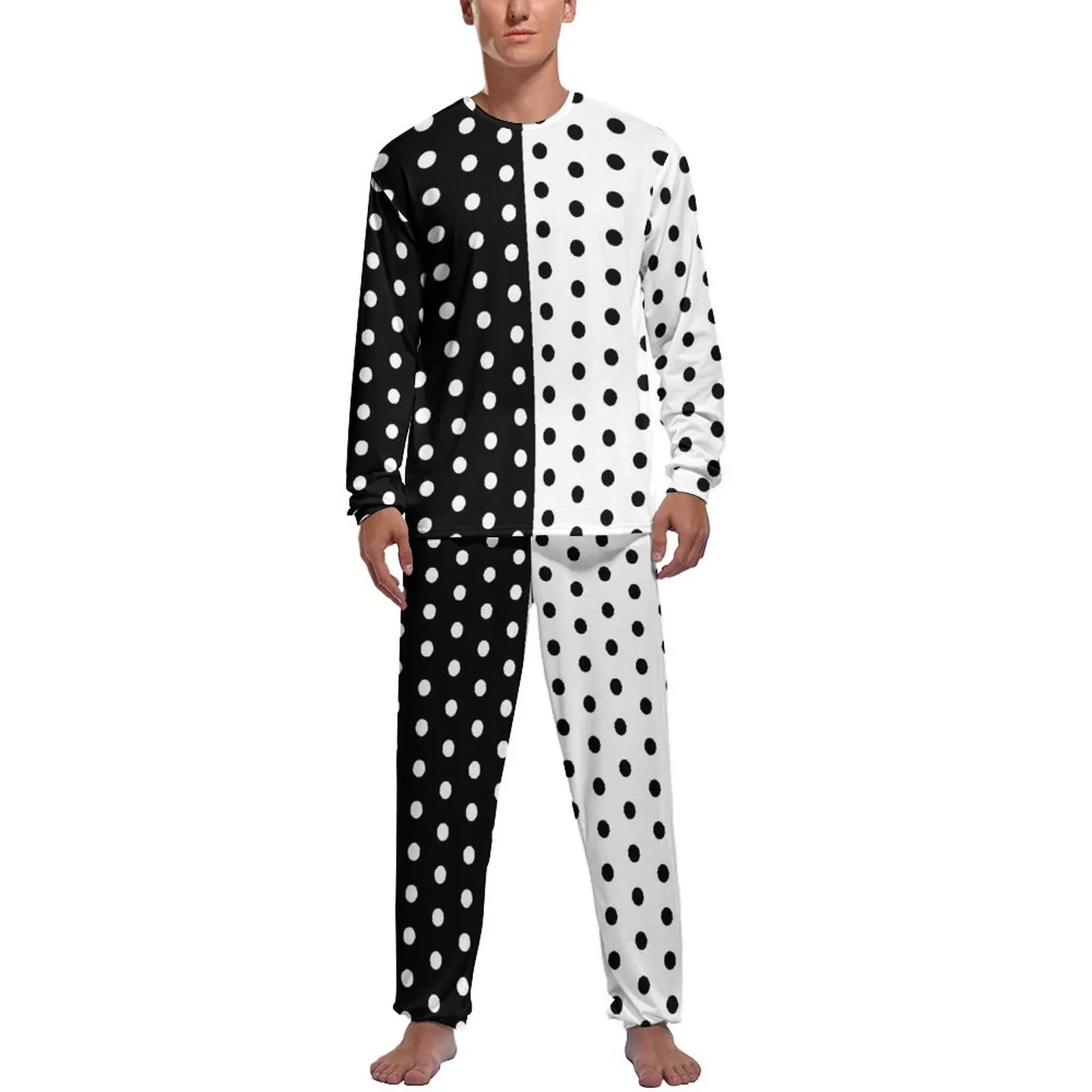 

Two Tone Spotted Pajamas Black And White Male Long Sleeves Cool Pajama Sets 2 Pieces Casual Autumn Graphic Home Suit Gift