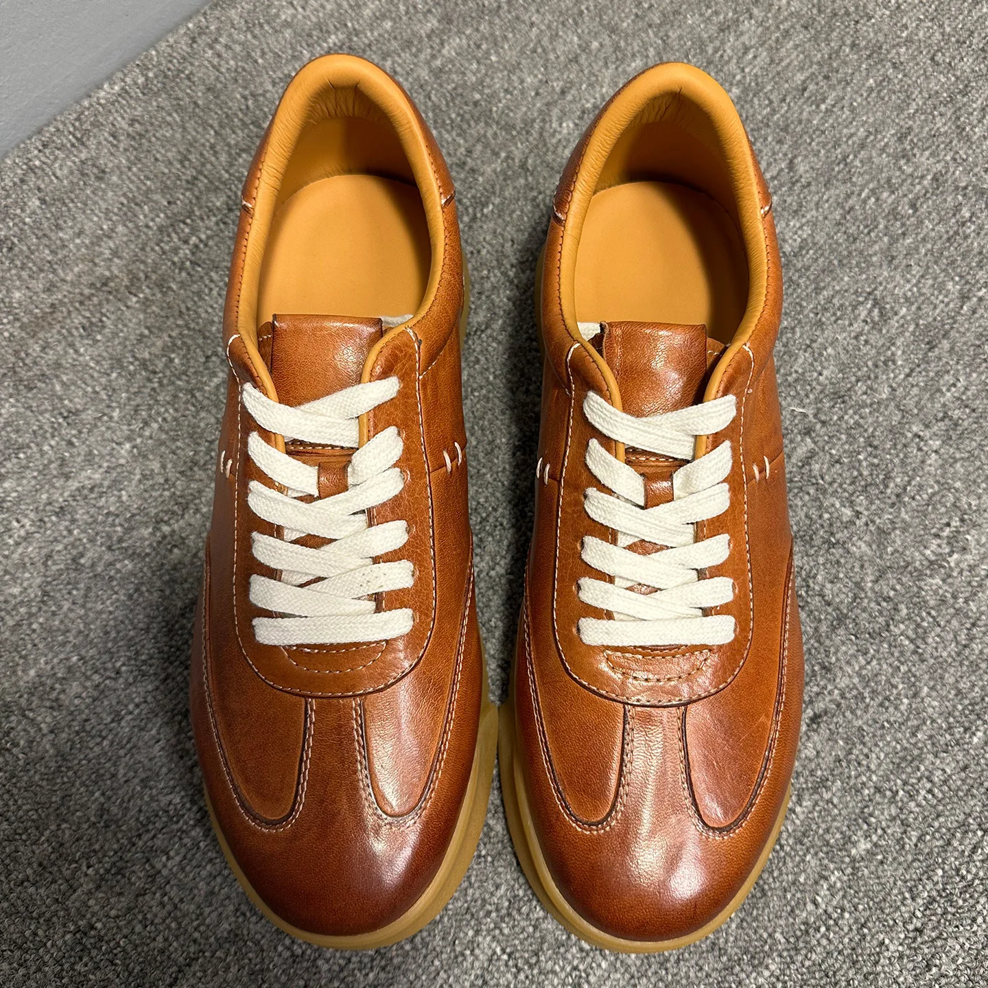 YETTIES Men's Autumn Winter Horsehide Leather German Trainers, Retro Lightweight Commuter Shoes, Comfortable Lace-Up Sneakers