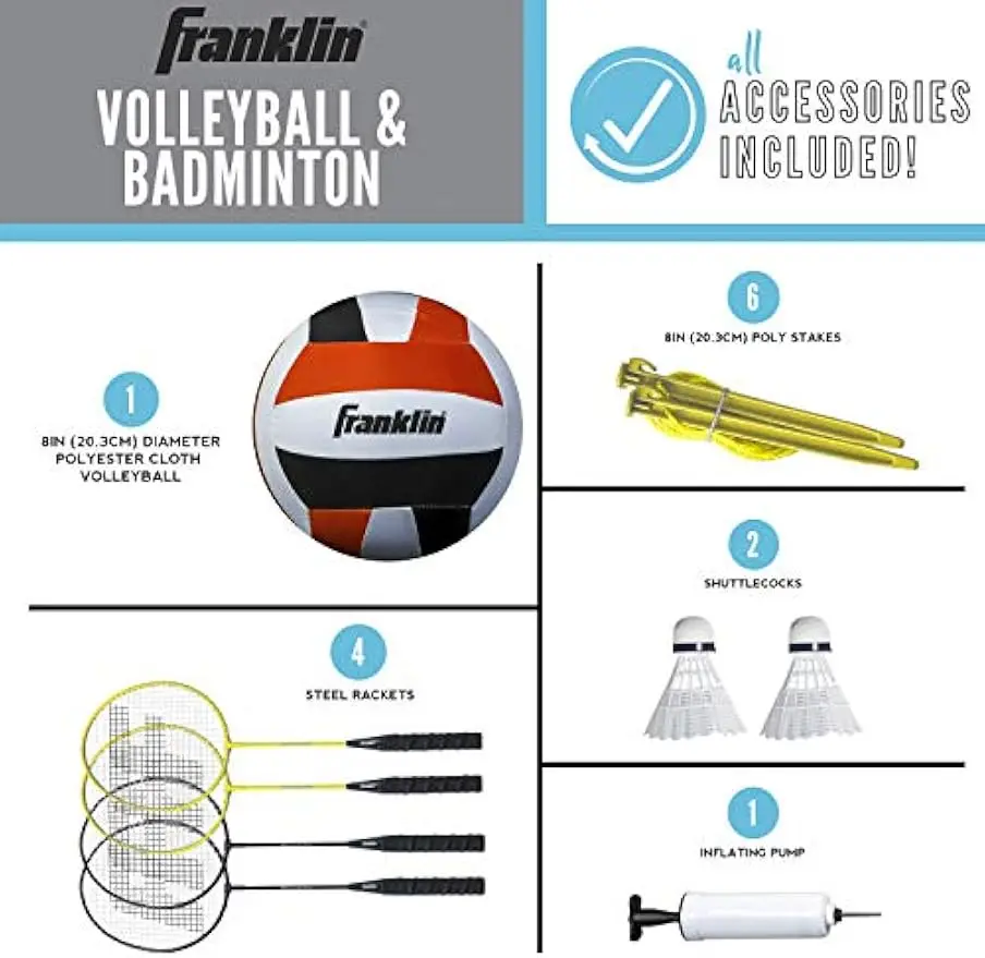 Portable Volleyball and Badminton Combo Set with Net, Rackets, Ball for Outdoor Family Fun