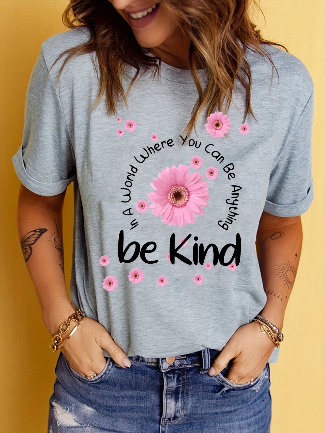 Be Kind Women's Tee - Inspirational Quote & Pink Daisy Graphic, Casual Daily Wear