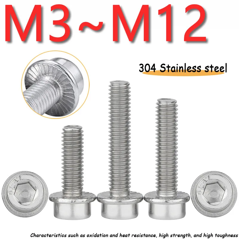 

1~30pcs Flange Socket Head Cap Screw M3 M4 M5 M6 M8 M10 M12 304 A2 Stainless Steel with Washer Allen Socket Bolts Metric Thread
