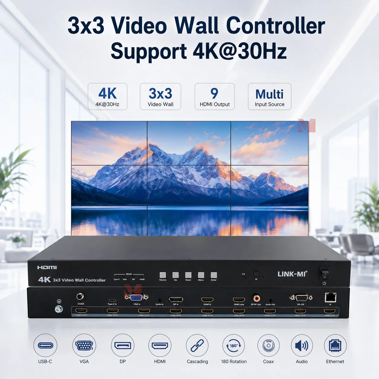 

HDMI 3X3 Video Wall Controller 4K with USB TYPE-C /VGA/ DP/ HDMI Inputs Video Processor 180° rotation