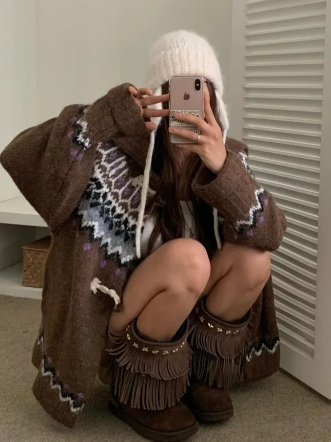 Retro Lapel Knitted Sweater Jaet Women Loose Lazy Sle Ele Open Cardigan Color Blo Floral Embroidery Casual Outerwear