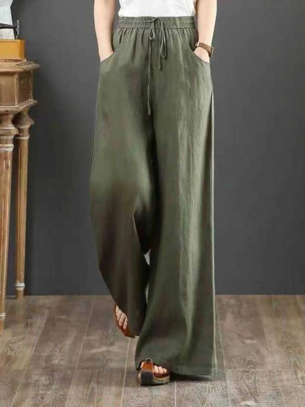 الفحم ey الوزن الثقيل الكتان عارضة فضفاض السراويل الطويلة المرأة الصيف رقيقة القطن الكتان مستقيم الساق السراويل تخفيف Sle #2