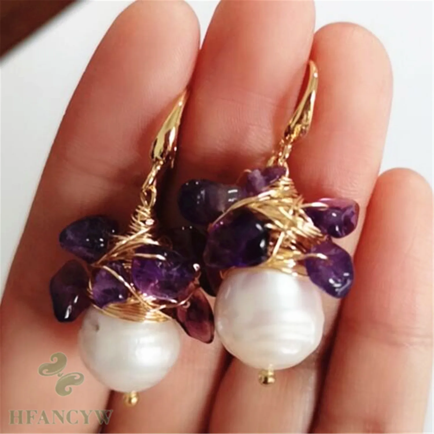 

21-23mm White Baroque Pearl Amethyst Earrings 18k Ear Drop Teens Stud Platinum Gold Crystal Casual Dangle Formal Minimalist Men