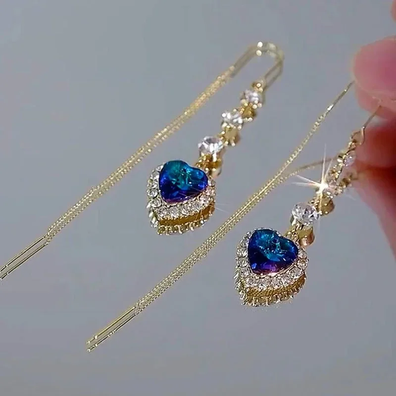 Blue crystal love earrings women\'s light luxury high-end long face thin earrings temperament versatile earrings