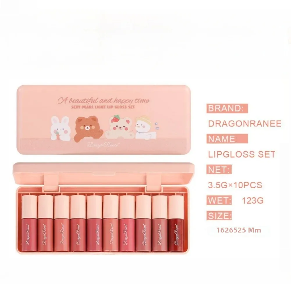 Dragon Ranee Liquid Lipstick 10pcs Cartoon Set mini Lip Glaze Moisturizing Non stick cup Lip Tint Mirror Water Light Lip Gloss
