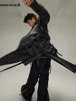 Men's Distressed Black PU Leather Trench Coat 6 Mauroicardi Spring Autumn Long Distressed Black Pu Leather Trench Coat Men Belt Double Breasted Luxury European Fashion 2024 6