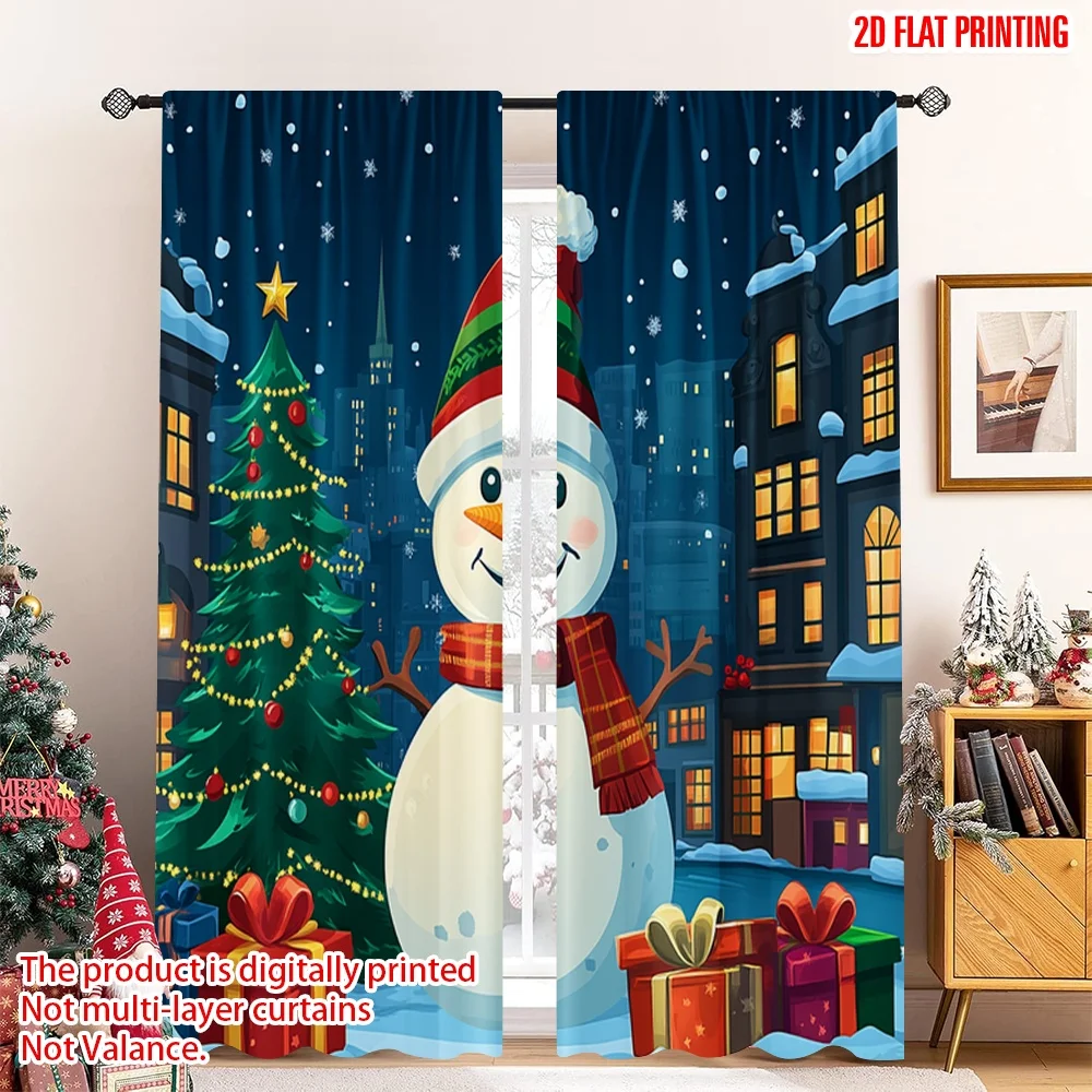 

2pcs 2D flat printing Christmas Curtain Cute Snowman Christmas Town (2) Polyester Fabric Without Electricity Party & Holiday