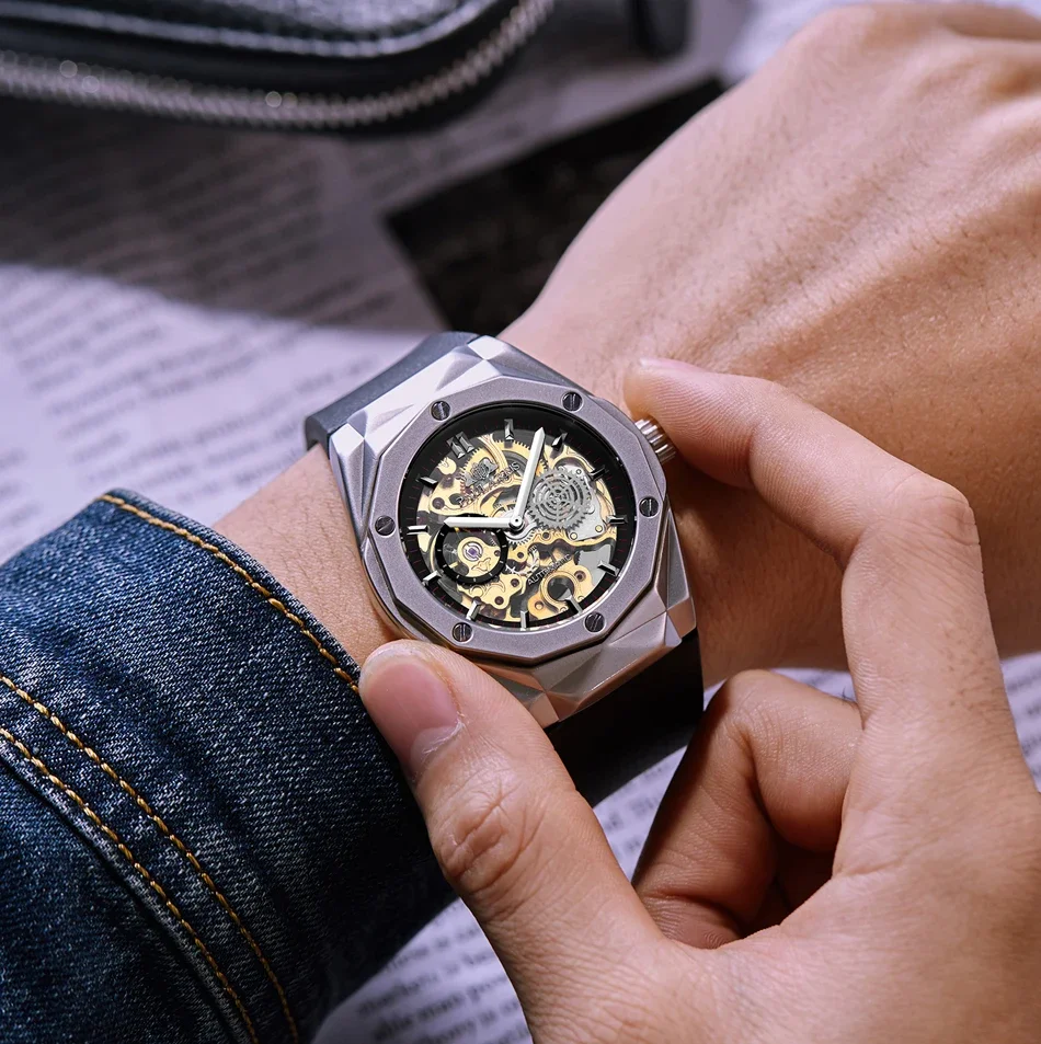 Men Automatic Skeleton Self Wind Mechanical Rose Gold Silver Black Case Rubber Strap Sports Watch