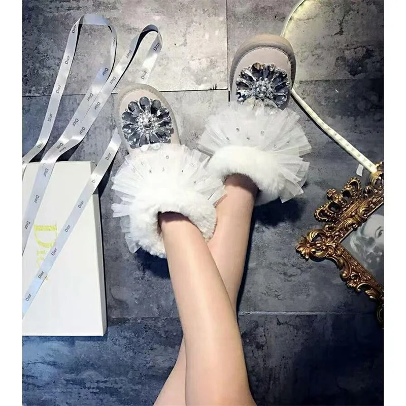 Lace lace Rex rabbit hair crystal flower fur one snow boots handmade custom white mid-tube large size women's cotton shoes 35-42