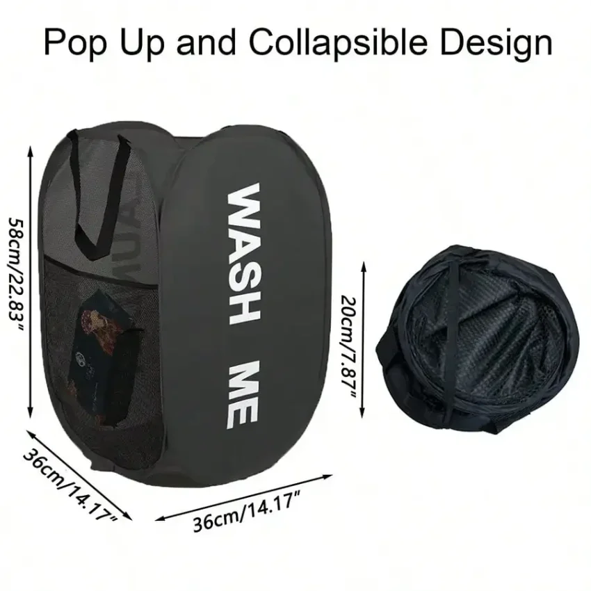 Picture 4: Portable Mesh Pop Up Laundry Hamper Wide Opening Breathable Collapsible Space-Saving Laundry Basket Dorm Travel Bathroom Items