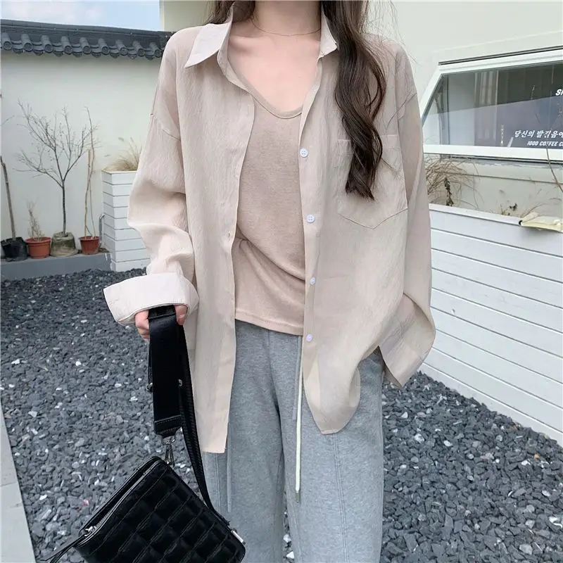 Outerwear Hanging Tencel Shirt Women's Thin Spring Summer Korean Edition Loose Casual Thin Shirt Long Sleeve Sunscreen Top