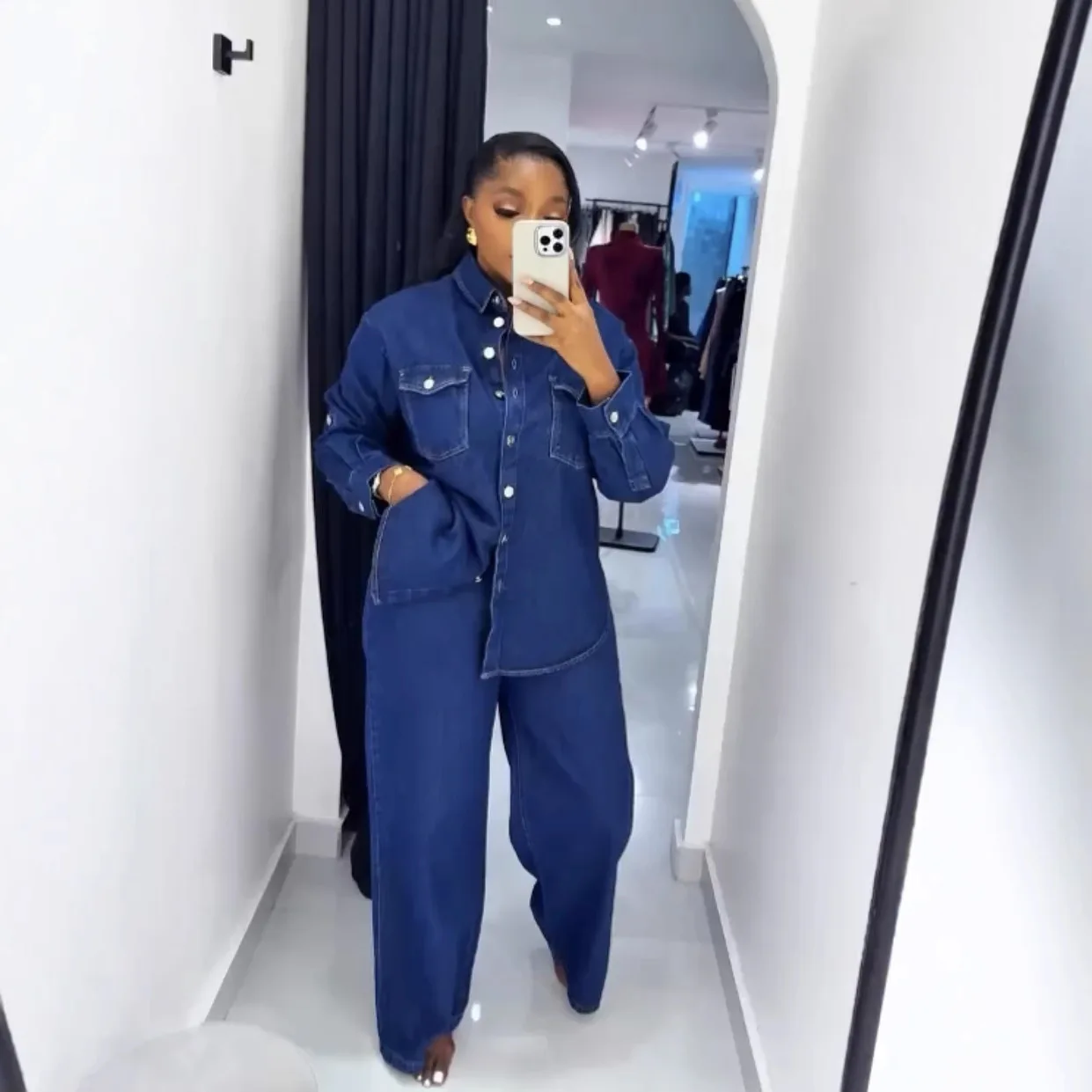 النساء الدنيم 2 قطعة مجموعات معطف الجينز جيوب واحدة الصدر رفض طوق وتتسابق المتعثرة سترة مستقيم السراويل دعوى 2025 #2