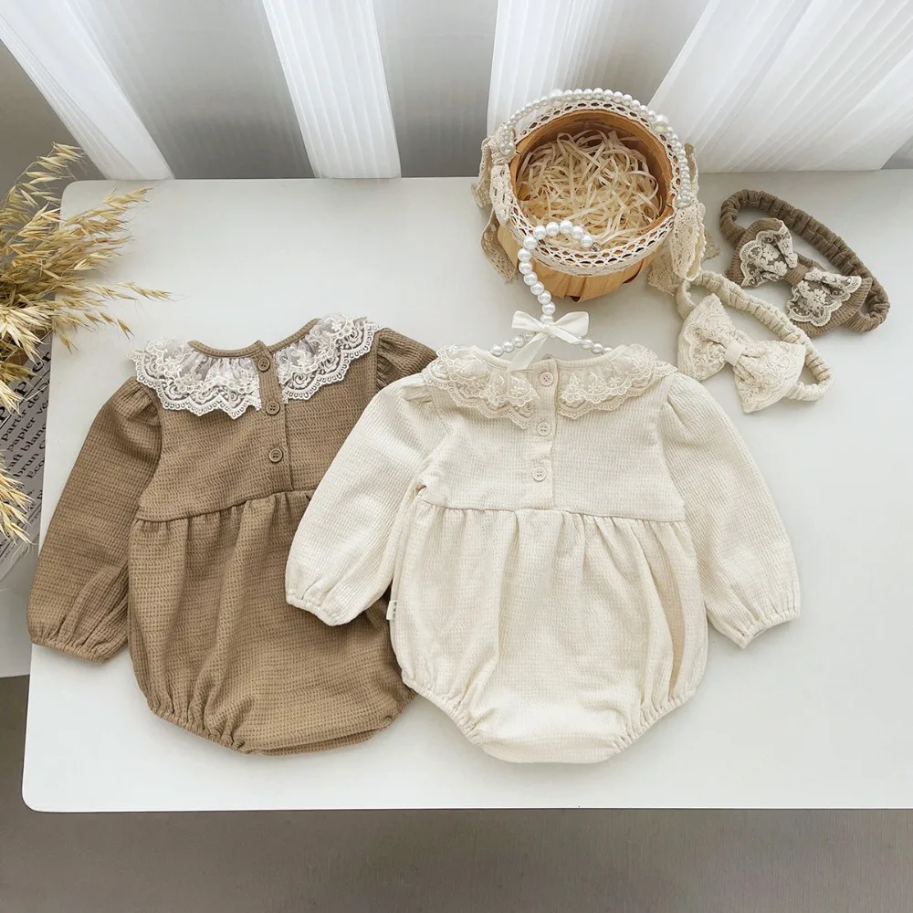 INS Autumn Baby Girl Romper 0-2Years Cute Newborn Infant Long Sleeve Lace Collar Waffle Pattern Bodysuit Headband 2PCS Clothes