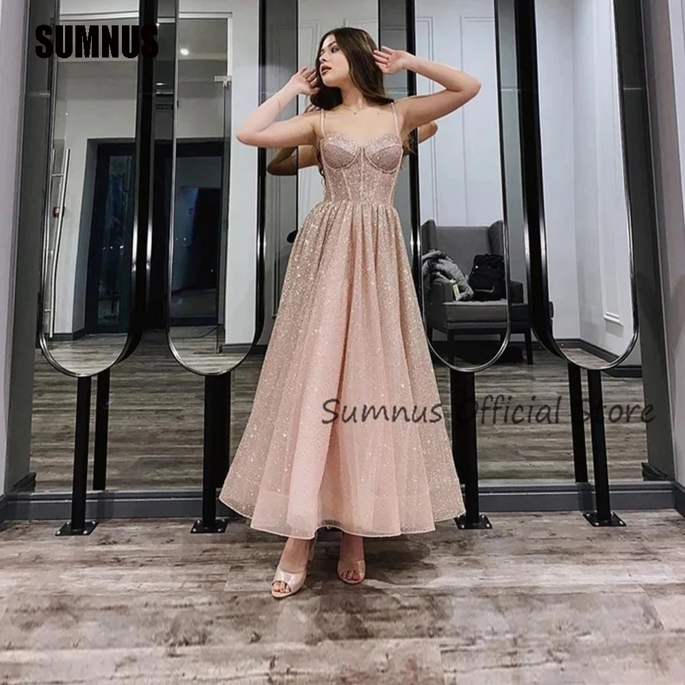 SUMNUS-Vestidos de noite para casamento, espumante ouro rosa, Glitter Midi, comprimento chá, vestidos de baile