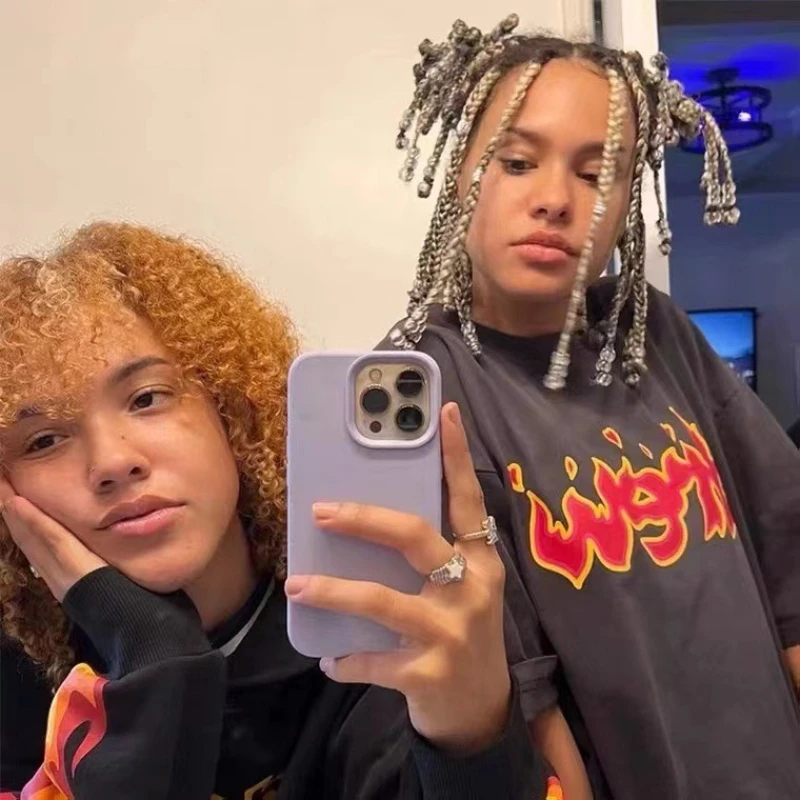 درو هاوس قصيرة الأكمام تي شيرت المشتعلة رسائل شارع العليا الصيف 100% القطن الرجال زوجين لباس غير رسمي Instagram نمط