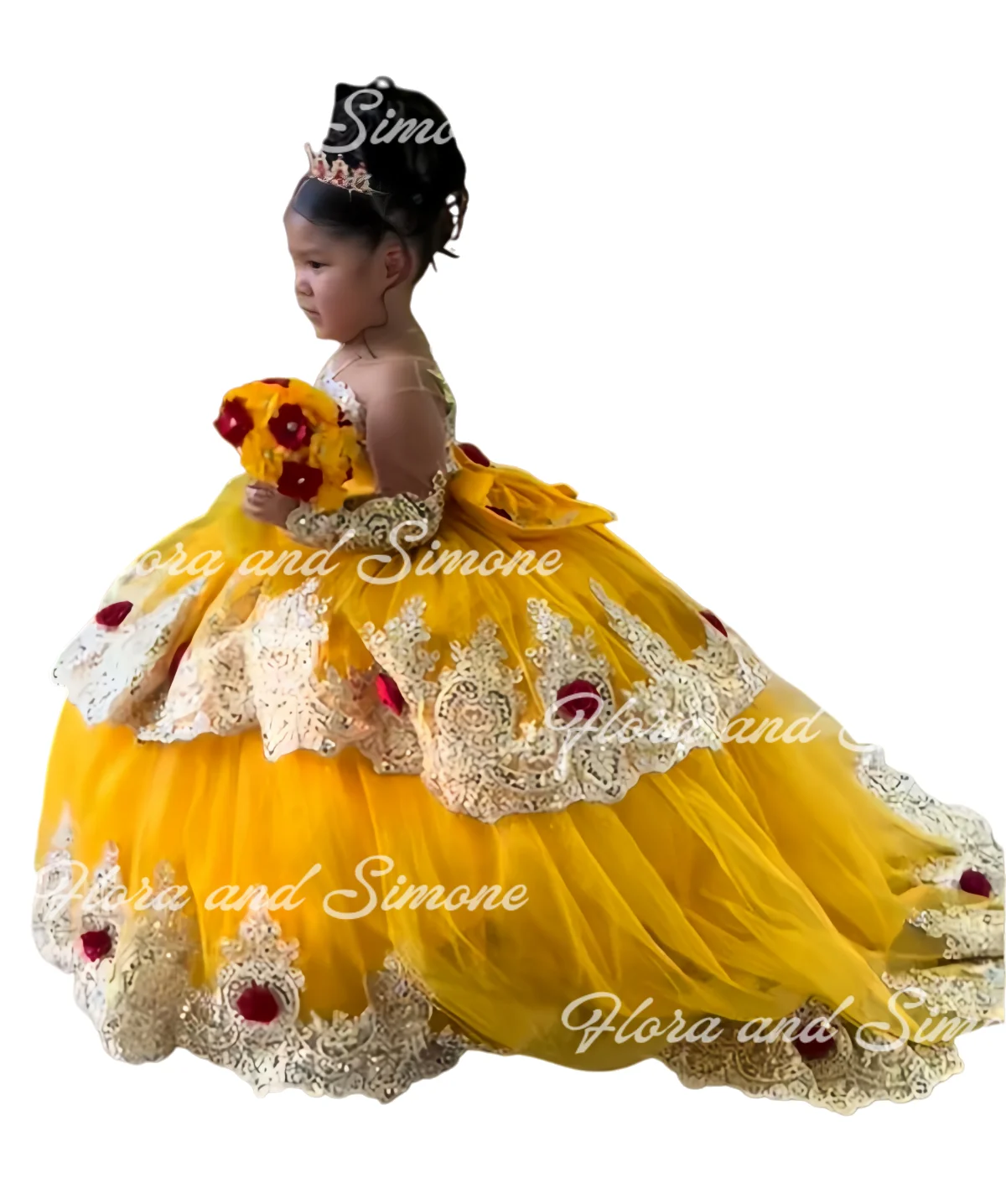 Yellow Flower Girl Dress For Wedding 3D Applique Tulle Puffy With Bow Kids Birthday Party First Communion Ball Gowns Customized