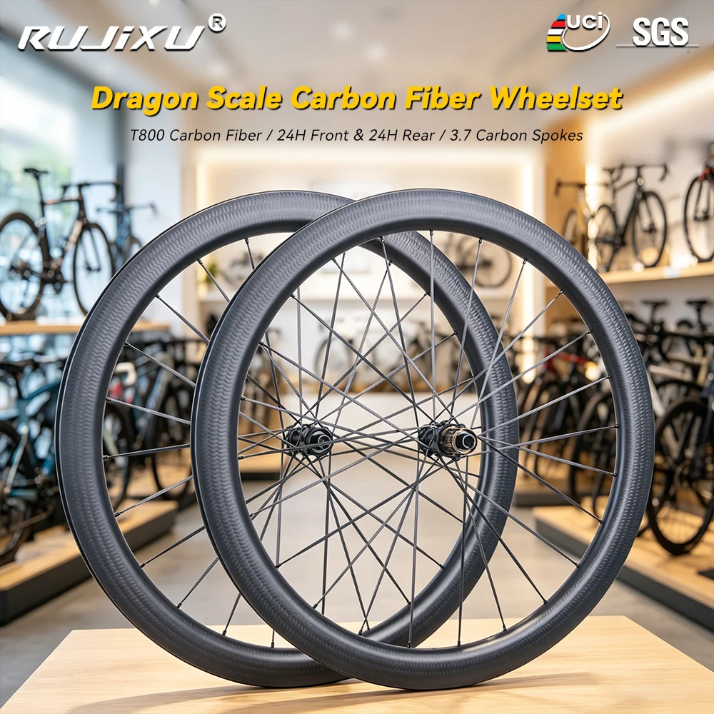 

RUJIXU Carbon Fiber Bike WheelSet 700C Road Disc Brake 50mm Dragon scales pattern Rims for Road Bicycles