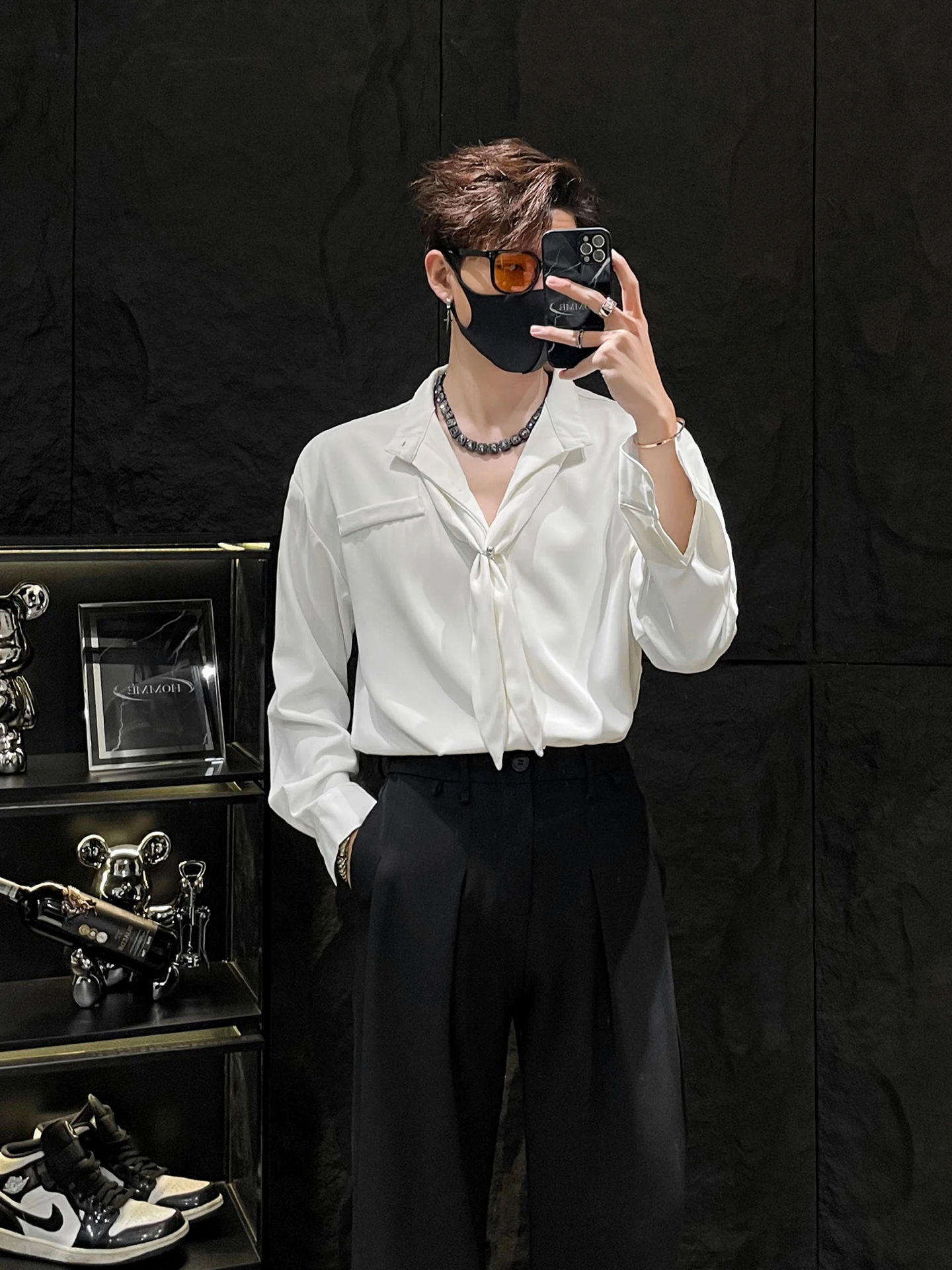 

Long Sve Мужская irt HOMME oulder Pad Design Воротник-стойка Внутренняя одежда Ele White irt Youth Faion Polyest...