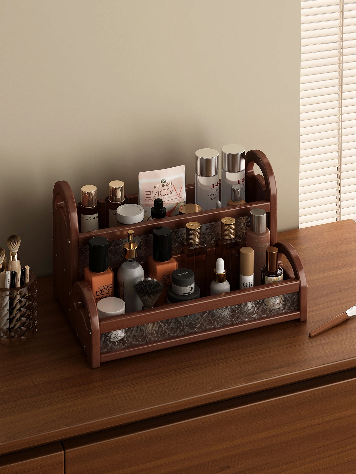 

Cosmetic shelf dresser tabletop perfume skin care puff lipstick multi-layer storage shelf organizer box