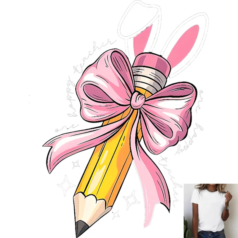 Cute Bow Pencil with Bunny Ears Heat Transfer White Ink Iron - on Sticker, Suitable for T - shirts/Canvas Bags, Casual