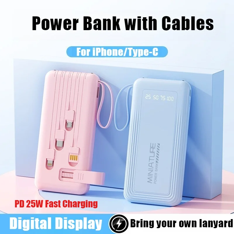

New Portable Power Bank 50000mAh Fast Charging with Cable Hidden Bracket External Battery Charger Case for IPhone Samsung Xiaomi