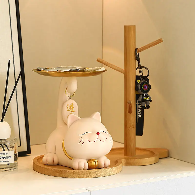 Zhaocai Cat Tray Decoration Key Storage Tray Decoration Entrance Hall Living Room Home Decoration Resin Decoration Gift