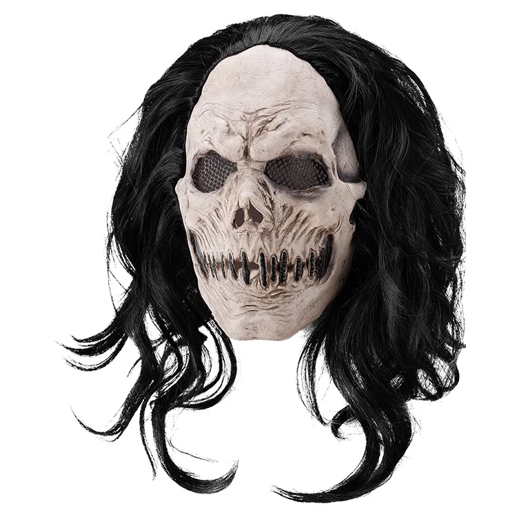Realistische Vollkopf-Totenkopfmaske Gruselige Latex-Skelettmaske mit Langen Haaren Geister-Halloween-Cosplay für Erwachsene – Detail 3