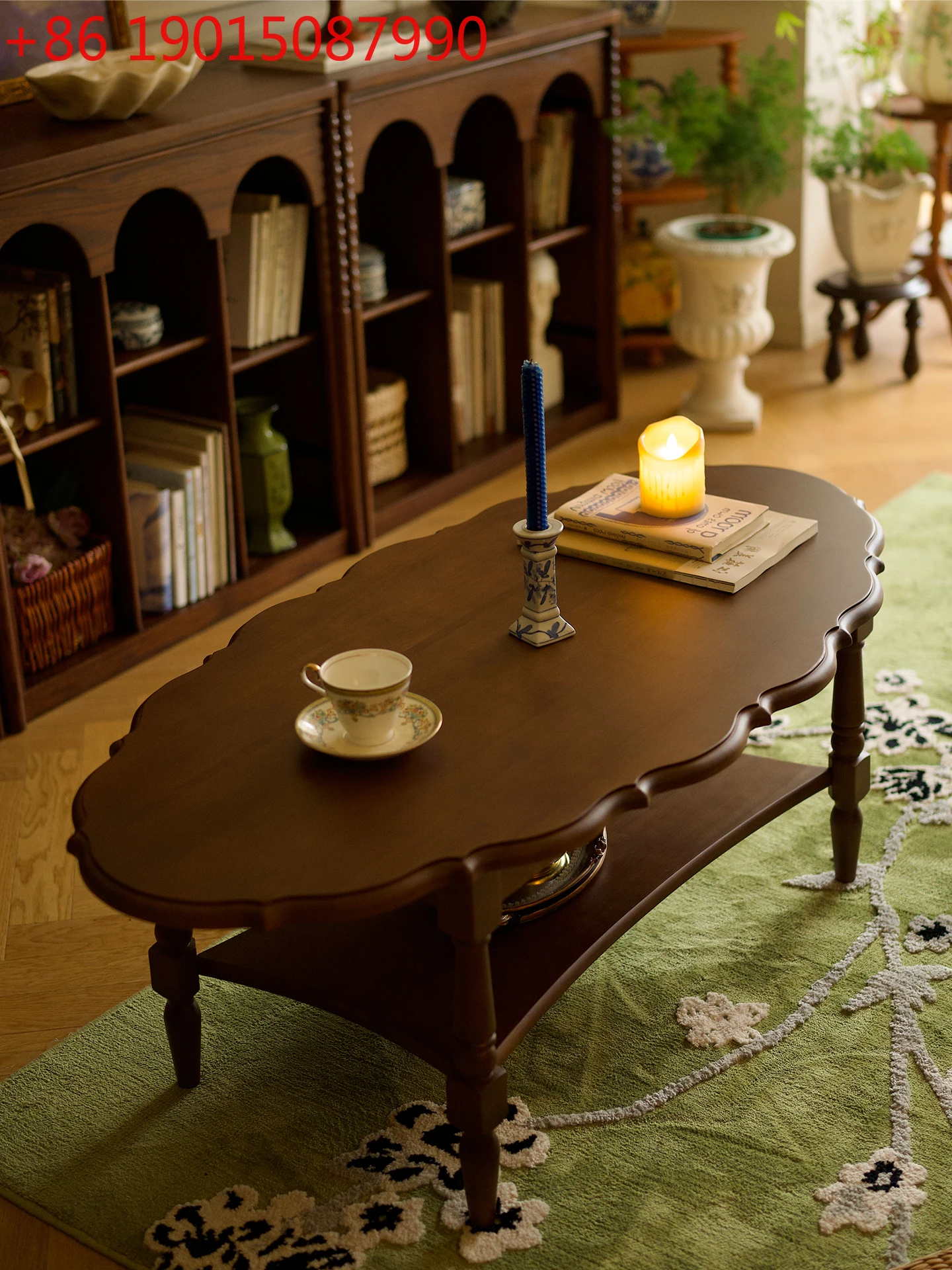 

French solid wood medium retro style walnut color tea table living room household small apartment oval coffee table