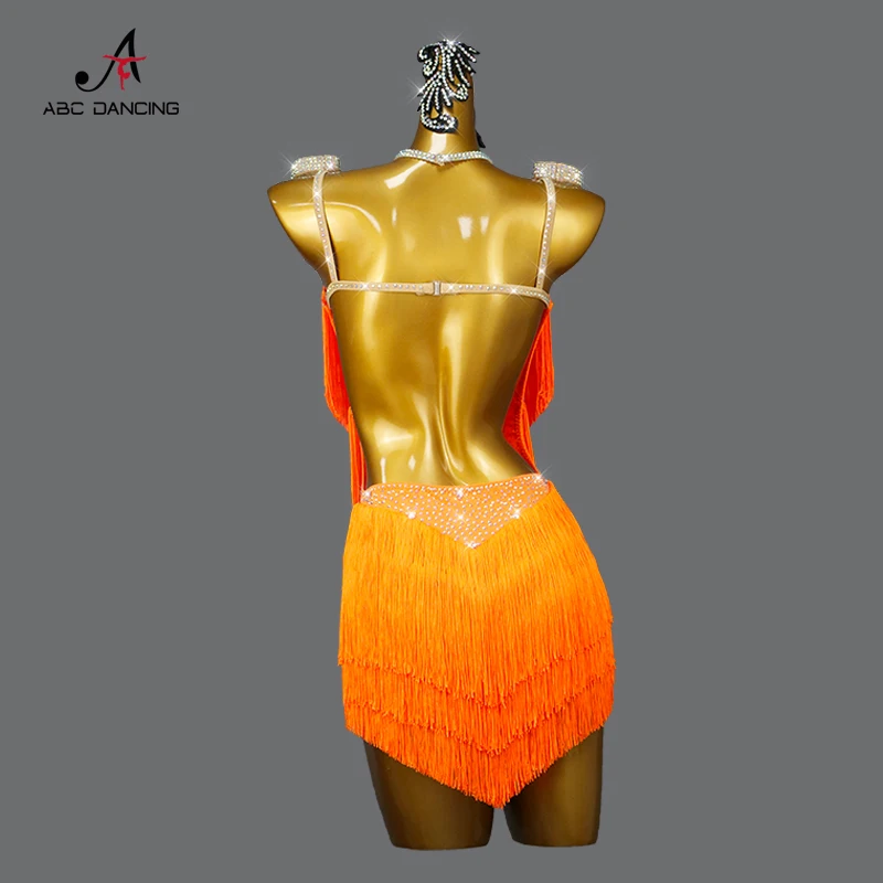 Vestido de baile latino naranja con flecos para mujer, traje de actuación de fiesta femenina, falda de fiesta de competición deportiva, traje de noche de bola