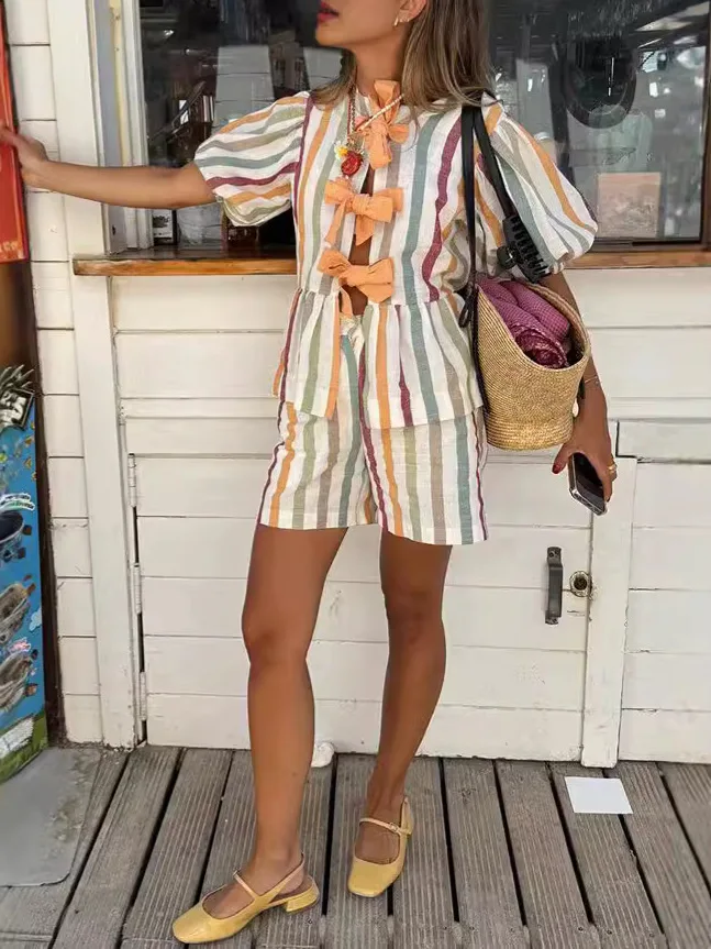 

New Fashion Women Striped Print Pajama Set Crew Neck Bow Tie-Up Half Sleeve Tops Shorts 2-Piece Loungewear Outfit S-2XL