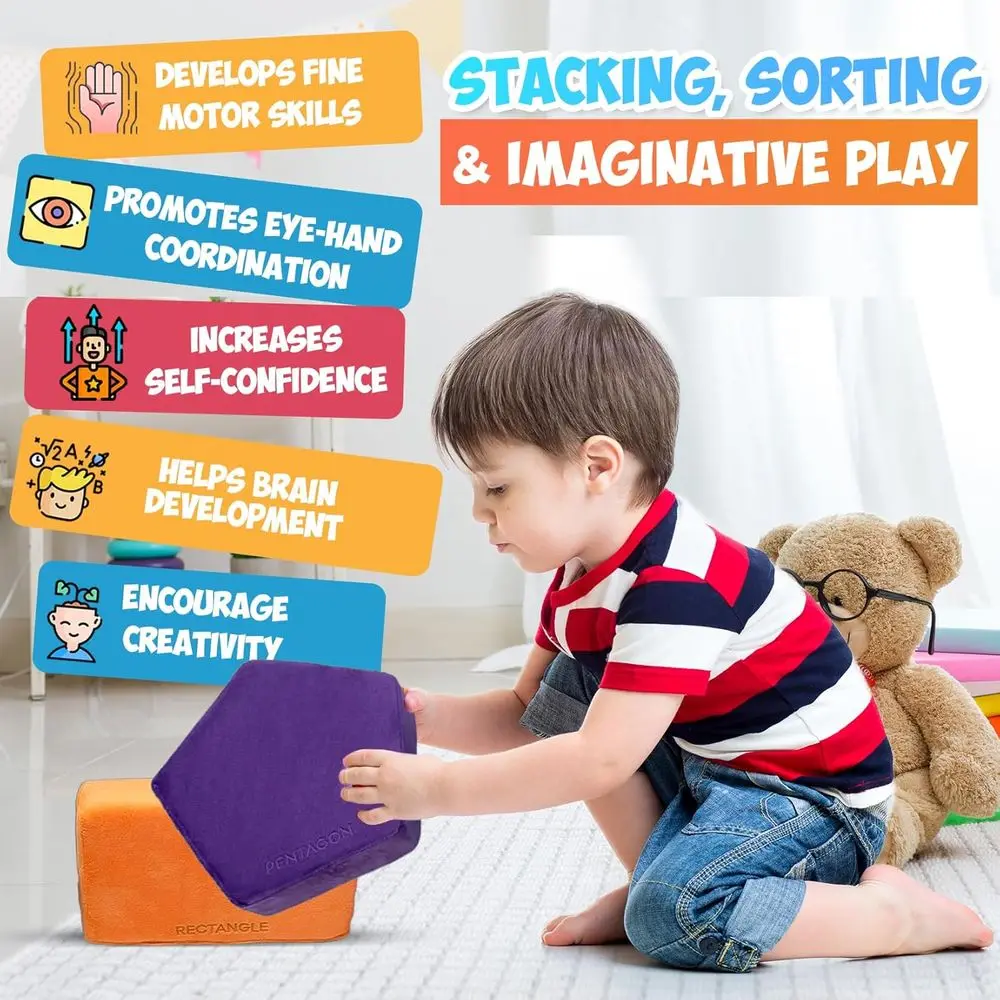 Soft Plush Stacking Blocks - Educational Toys for Toddler Learning and Play (Classic Colors)