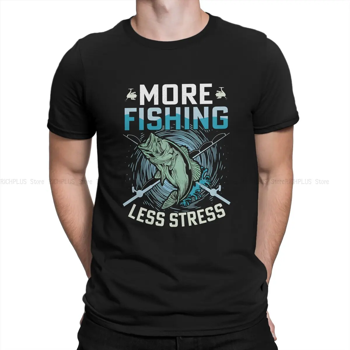 Fly Fishing TShirt More Fishing Less Stress Classic Polyester T Shirt Oversized Men Tee Shirt Printing Trendy