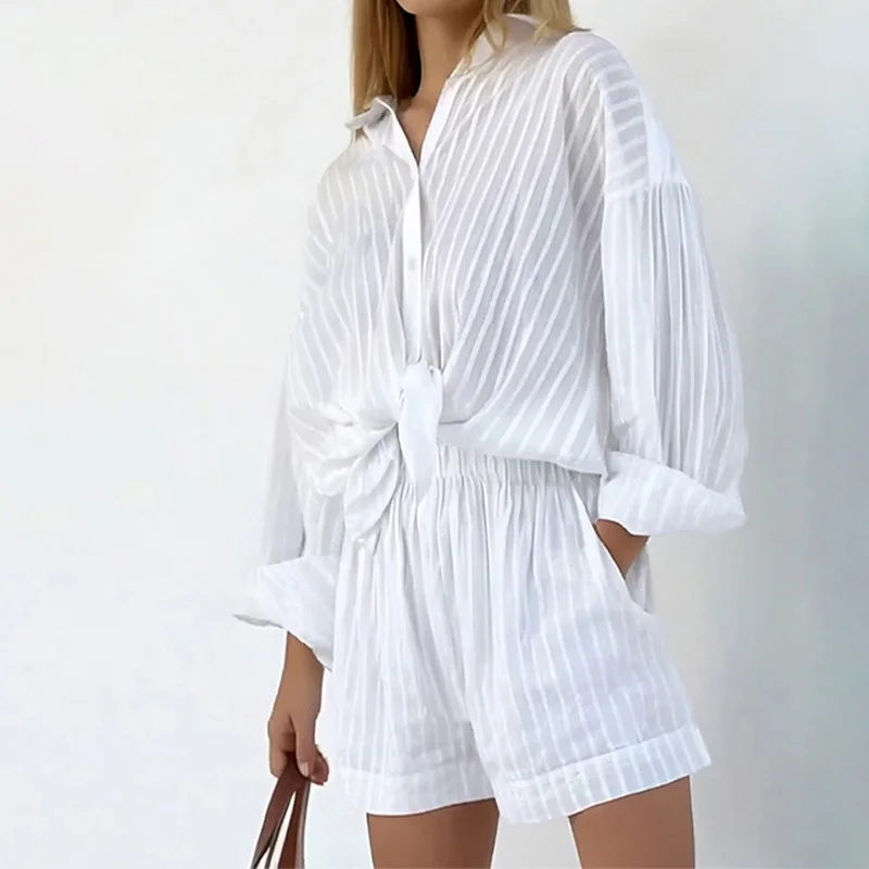 Wolfeel Casual Shorts Sets Striped Jacquard 2 Pieces Cozy Lapel Lantern Sleeve Shirt Summer Outfit Elastic Waist Shorts Suits
