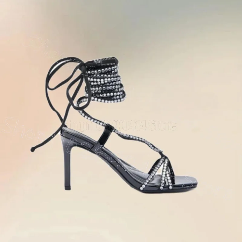 크리스탈 스트랩 속이 비치는 디자인 트와인 샌들 레이스업 여성 슈즈 얇은 하이힐 오픈토 섹시 연회 2025 여성 신발