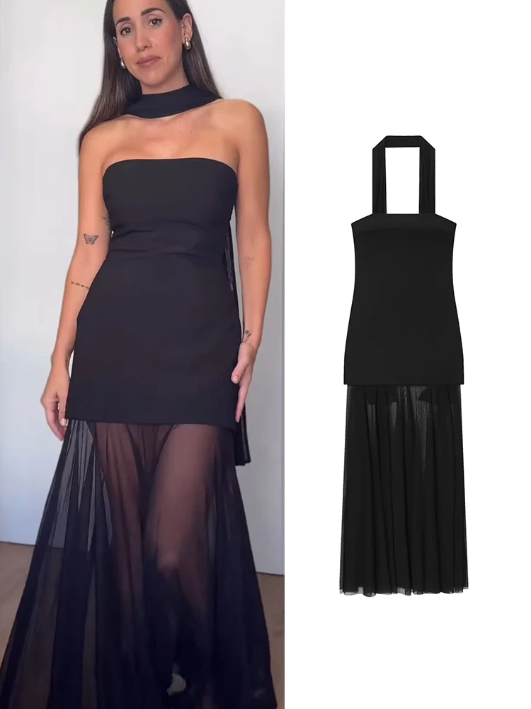 เดรสผ้าคลุมไหล่ผู้หญิง TFMLN 2026 รุ่นใหม่ ผ้าคลุมอกแบบผูก ผ้าตาข่ายซีทรูต่อผ้า ด้านหลังเปลือย ยาว แฟชั่นสำหรับผู้หญิง ใส่ไปงานปาร์ตี้ริมชายหาด