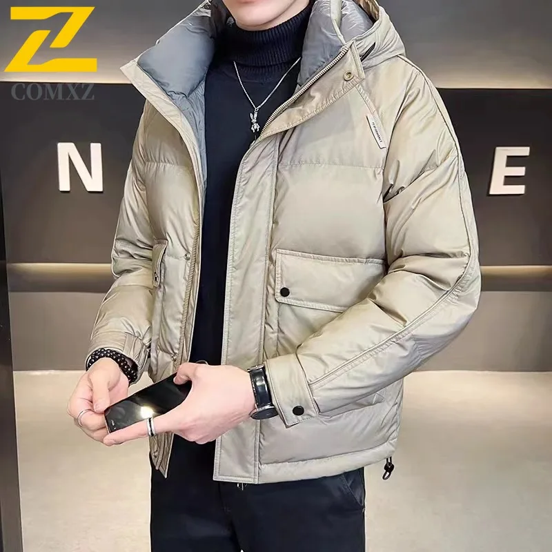 COMXZ Men Down Short Jacket Hooded Collar Commute Office Lightweight Puffer Coat Trendy Travel Cold Protection Warm Winter Coat