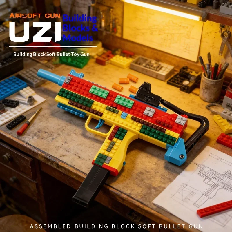 UZI Building Blocks Toy Gun Auto Firing Eject Shell Blowback Soft Bullet DIY Pistol Outdoor War Game for Boys Adults Gift