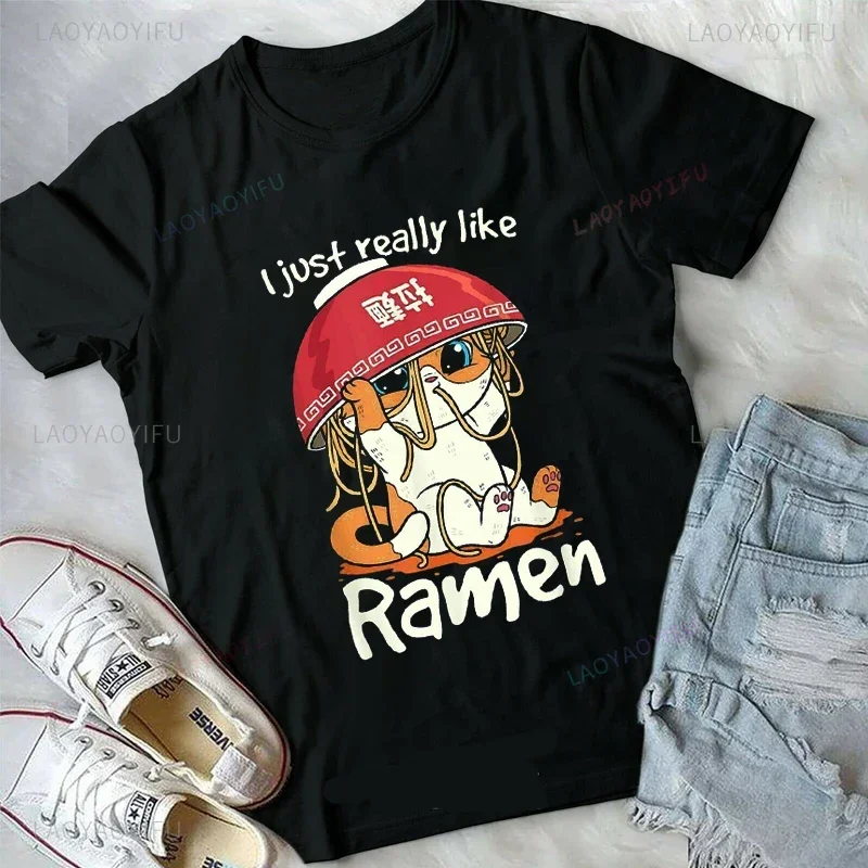 Japan Ramen Cat Print Tee Animated Cat Pure Cotton T-shirts Harajuku Tops Men Women T Shirt Plus Size 6XL O-neck Short Sleeve