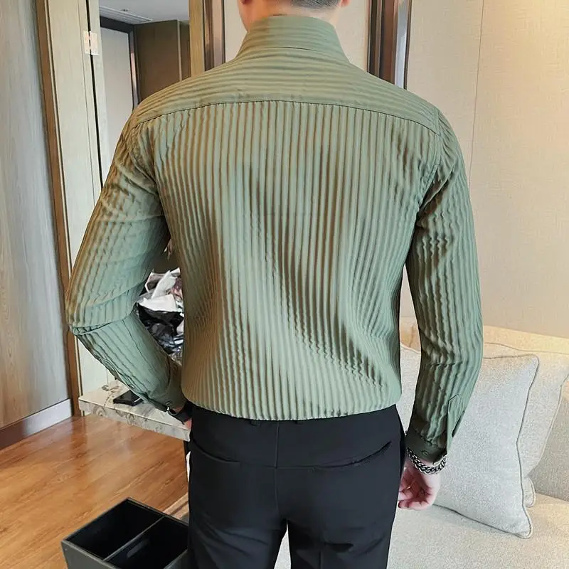 Men's Slim Fit Solid Color Striped Long Sleeve Shirt 2024 Autumn New Breathable Daily Casual Shirt M-4XL