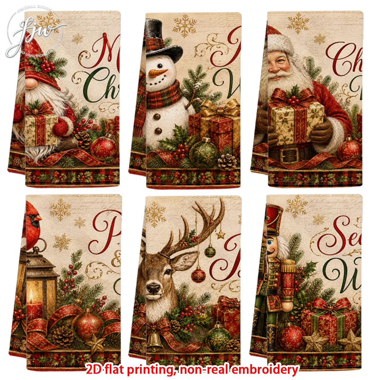 6pcs Christmas Kitchen Towels Vintage Santa Snowman Reindeer Xmas Dish Towels for Holiday Cooking Baking Home Decor