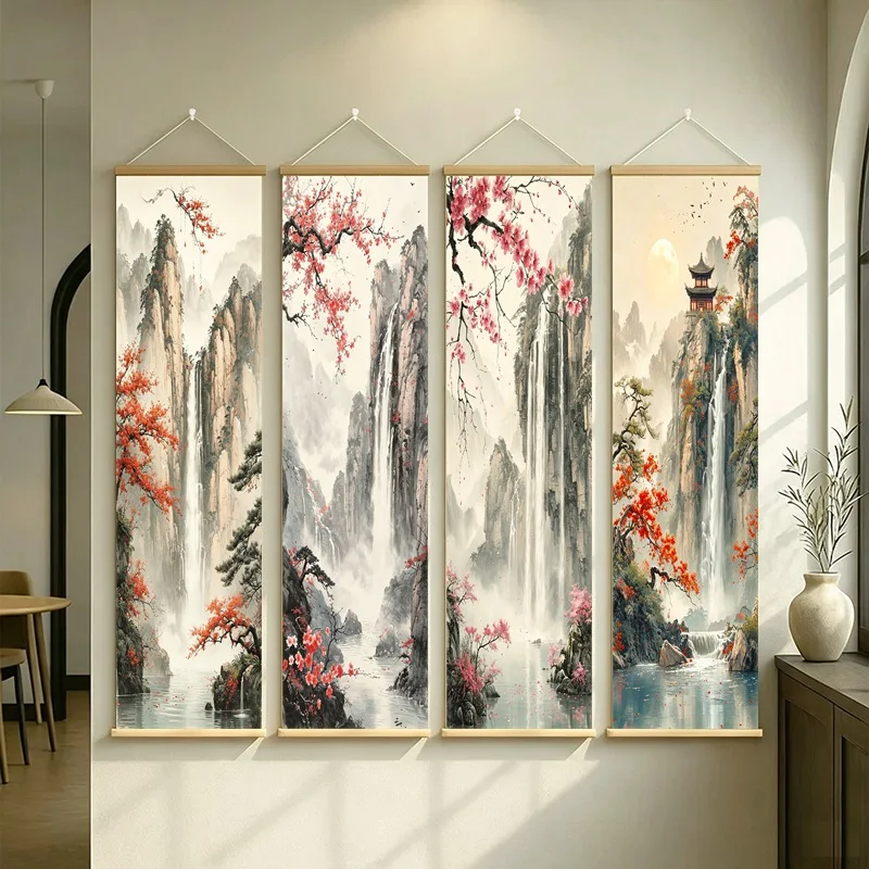 wall decor Misty Mountain Waterfall Scrolls Red Blossom Chinese Landscape Art on Pearlescent Canvas for Boutique Resort Decor