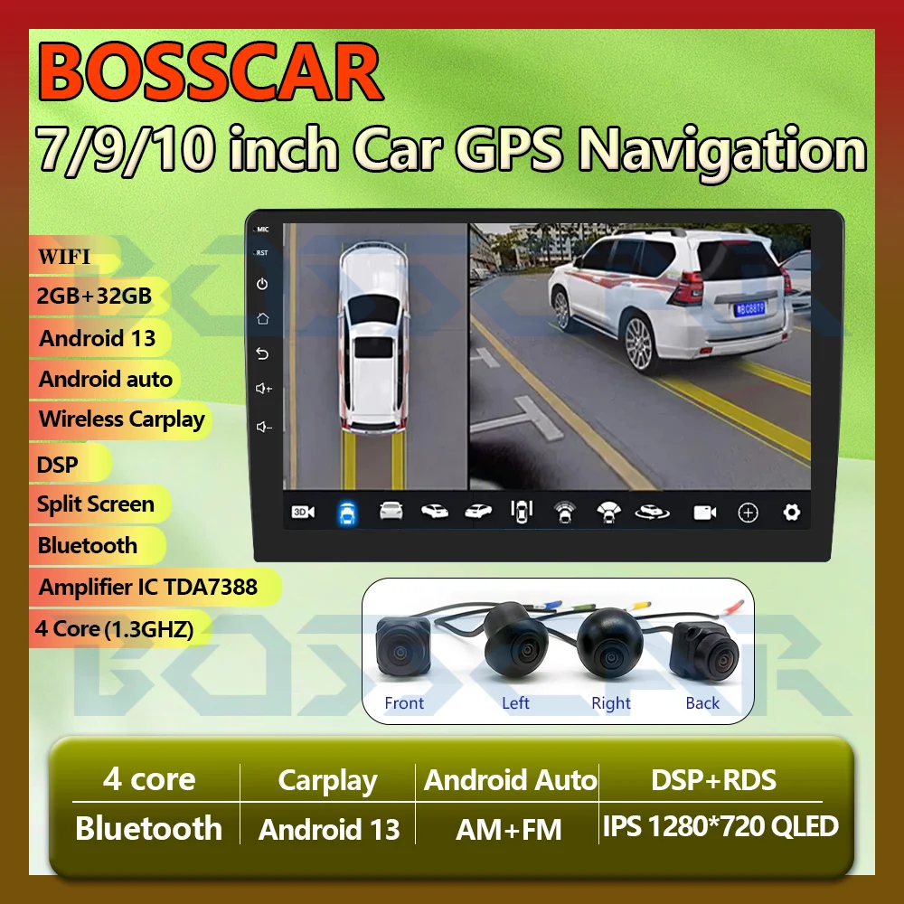 BOSSCAR Android Car Smart Screen 7 9 10 Inch Wireless Carplay And 360 Degree Front Left Right Back Panoramic Cameras Combo
