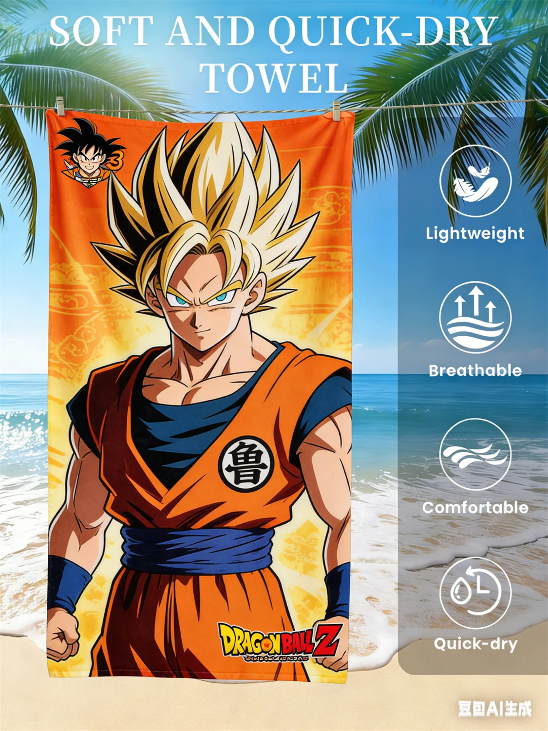 Super Saiyan Warrior with Kame Symbol Beach Towel Soft Quick Dry Breathable Lightweight Comfortable Towel